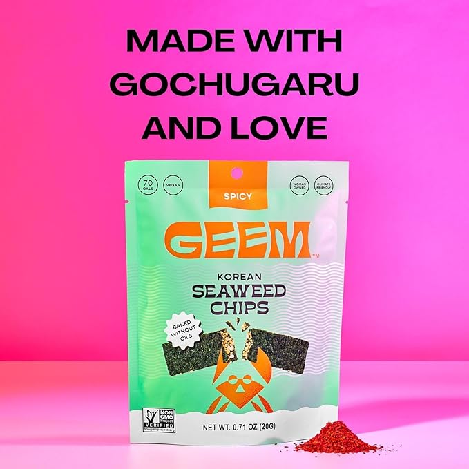 GEEM Seaweed Snacks – Korean Seaweed Chips with Rice Crisps & Sesame | Crunchy, Oil-Free Snack | Vegan, Non-GMO | Great for Kids & Adults | Variety 4-Pack