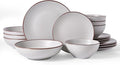 Famiware Venus Stoneware Dinnerware Set with Pasta Bowls for 4, 16-Piece Speckled Plates and Bowls with Trim, Matte Light Gray - Chip‑Resistant Dishes for Everyday & Formal, Microwave/Dishwasher Safe
