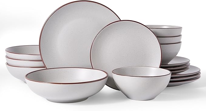 Famiware Venus Stoneware Dinnerware Set with Pasta Bowls for 4, 16-Piece Speckled Plates and Bowls with Trim, Matte Light Gray - Chip‑Resistant Dishes for Everyday & Formal, Microwave/Dishwasher Safe