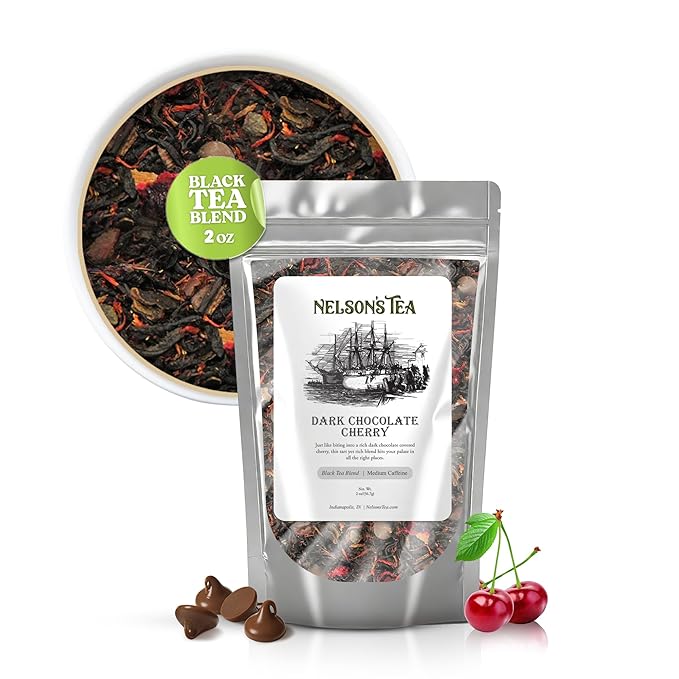 Nelson's Tea Dark Chocolate Cherry - Cut & Sifted Pu-erh Black Tea Loose Leaf with Rich Blend of Chocolate Chips, Wild Cherry Bark, Cacao Nibs and Dried Cherries - Medium Caffeine (2 oz)