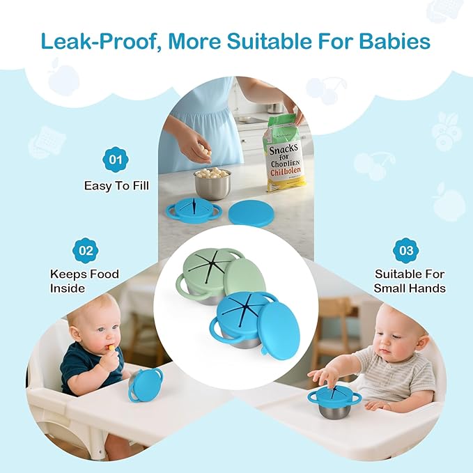 Daximo 2 Pack Snack Cups for Toddlers Spill Proof - Detachable Stainless Steel Toddler Snack Cups with Silicone Lids & Handles - Dishwasher Safe Baby Snack Containers (Niagara Blue and Sage Green)
