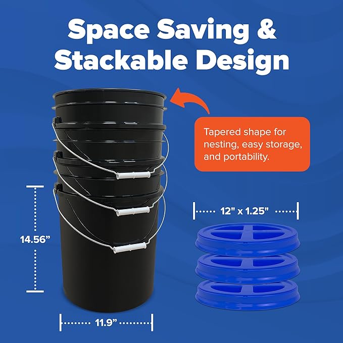ePackageSupply 5 Gallon Bucket - Food Grade Bucket with Airtight Gamma Seal Screw-On Lid, BPA-Free, Heavy-Duty 90 Mil HDPE Plastic, Bulk Storage, Durable Container, Made in USA, Black/Blue, 3 Packs
