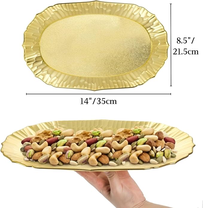 AVLA 6 Pack Plastic Serving Tray, Gold Serving Platter Set, Reusable Party Snack Serving Tray, Decorative Food Appetizer Platters for Dessert Table, Cupcake, Charcuterie, Cookies, 14" x 8.5"