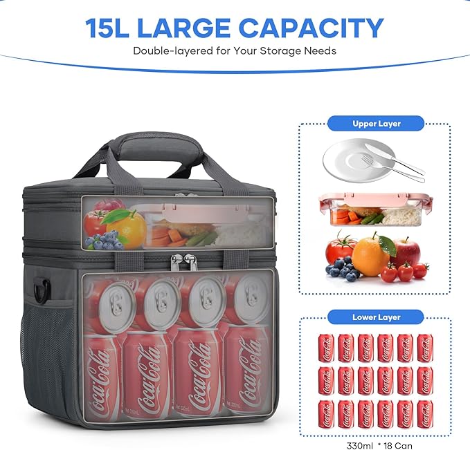 RealCool Lunch Bag, Insulated Lunch Box for Men Women, Double Deck Leakproof Soft Cooler Bag with Adjustable Strap, Reusable Lunchbox for Work, Travel, Camping (Grey)
