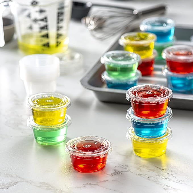 Pantry Value [2 oz. - 200 Count Clear Disposable Plastic Portion Cups with Lids - Small Plastic Condiment Containers for Sauce, Salad Dressings & Portion Control