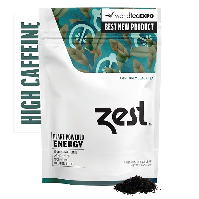 Zest Energy Black Tea - Earl Grey Loose Leaf Blend - High Caffeine Bergamot - Caffeinated Coffee Altnernative/Substitute - Natural, Non-GMO & Keto Friendly - Hot or Iced - 50 Servings - 150mg Caf
