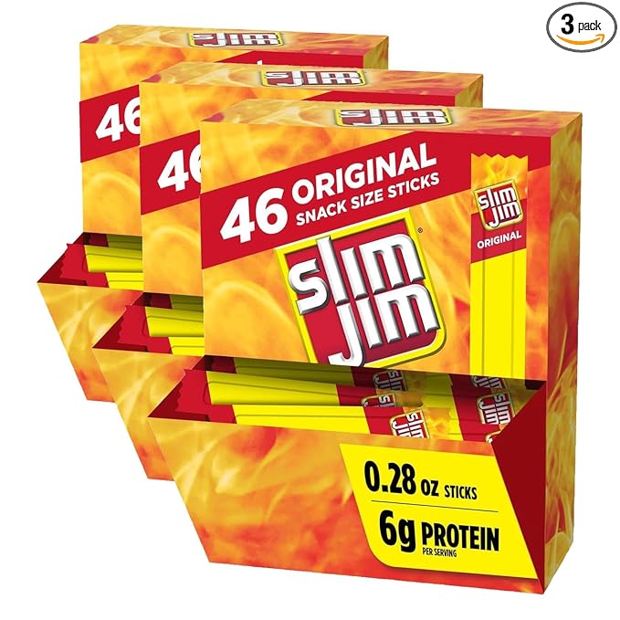 Slim Jim Smoked Meat Sticks, Original Flavor, 6g Protein Per Serving, Snack Size, 0.28 oz. 46 Count (Pack of 3)