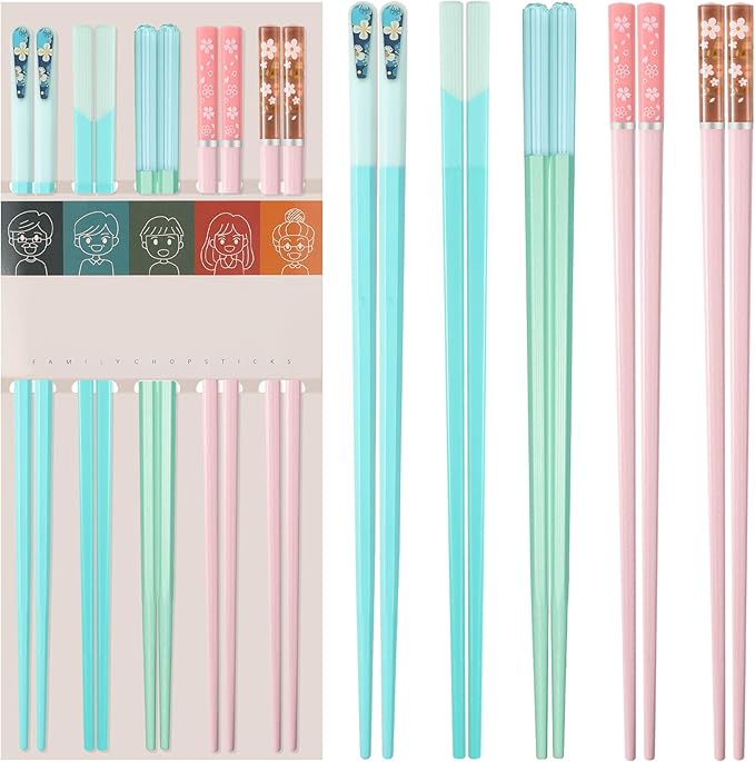 5 Pairs Reusable Chopsticks Dishwasher Safe, Fiberglass Premium Japanese Chines Korean Chopsticks for Sushi Noodles Ramen, Non-slip Chop Sticks, Lightweight, 9.6 inches- Green&Pink-D