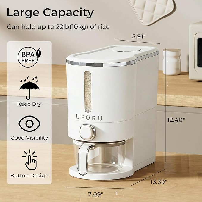 UFORU Rice Dispenser, Rice Storage Container with Measuring Cup for Kitchen Pantry Household, Dry Food Storage Containers Airtight, Sealed Moisture Proof (White 11Lbs)