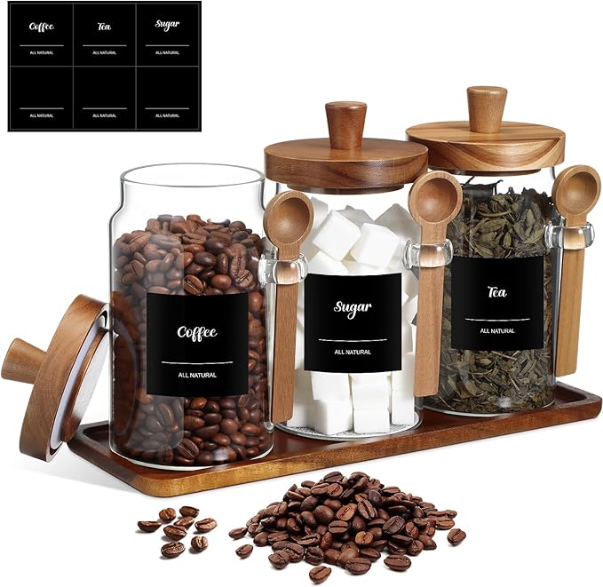 Suclain 3 Pcs Glass Coffee Container with Wooden Lid Spoon Shelf Labels Clear Airtight Jar Food Storage Canister Set for Sugar Spice Coffee Bean Holder Housewarming Gift(25 oz,Acacia Brown)