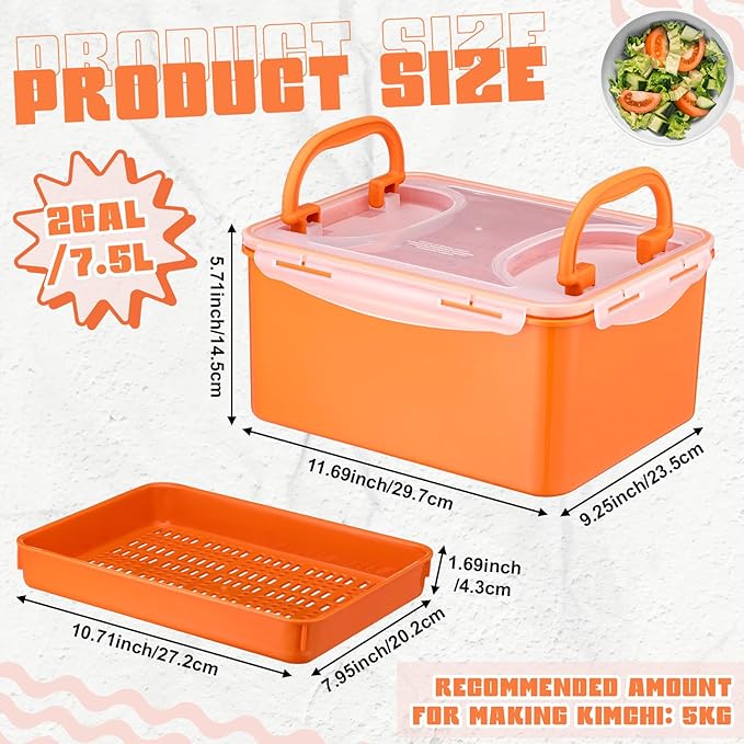 LemonRoad 2 Gal/7.5 L Kimchi Sauerkraut Fermenting Container with Airtight Lids & Press Plate, Food Grade Fermentation, Storage Box with Sealed Lids for Pickles and Vegetables(Orange)