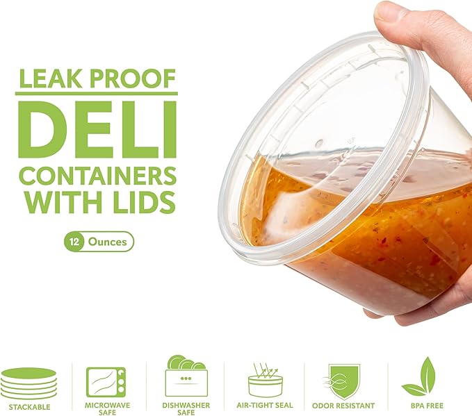 ELEGANT DISPOSABLES 12 OZ - 24 Sets Plastic Deli Food Storage Containers with Airtight Flexible Lids Microwavable, Leak Free, Washable, Freezer Safe.