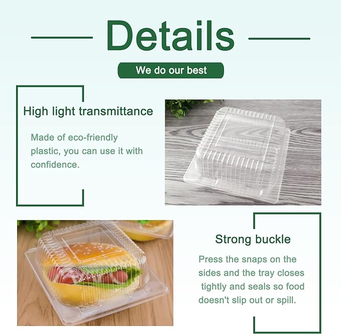 Jizvxe 100 Pack Clear Plastic Square Hinged Food Container,Disposable Plastic To Go Containers with Clear Lids,Cake Slice Containers Clamshell Takeout Tray for Pastry,Salad,Dessert(5.1"x 4.7"x 2.8")