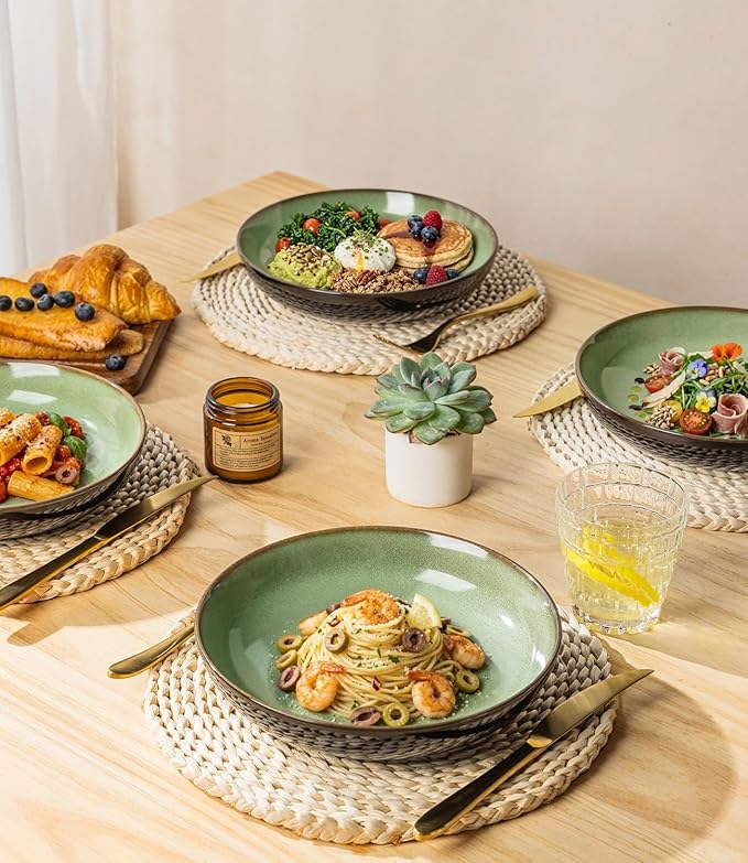 LERATIO Large Pasta Bowls,38oz Ceramic Pasta Bowls,9.0" Reactive Glaze Pasta Bowl Set of 4,Microwave & Dishwasher,Oven Safe,Wide Serving Bowls for Salad,Pasta,Fruit,Scratch Resistant-Light Blue
