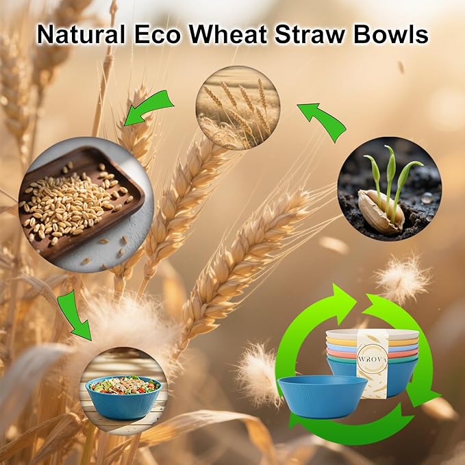 Wrova Wheat Straw Bowls Set 36oz,Cereal Bowls Soup Bowls Set of 6, Unbreakable Salad Bowl Alternative Plastic Bowls Microwave Safe, Soup Serving Bowls for Kitchen, Camping, Outdoor- Vibrant