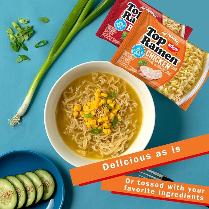 Nissin Top Ramen Noodles, Chicken and Beef Soup, Variety Pack, 3 Ounce (Pack of 48)