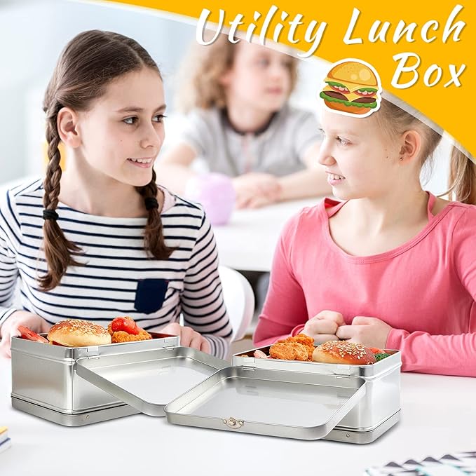 Rtteri 12 Pack DIY Lunch Box Tin Retro Set 8 x 6 x 4 Inches with Hinged Lids DIY Large Box for Storage Blank Design Vintage Metal Lunchbox for Kids Sandwich Containers (Silver)