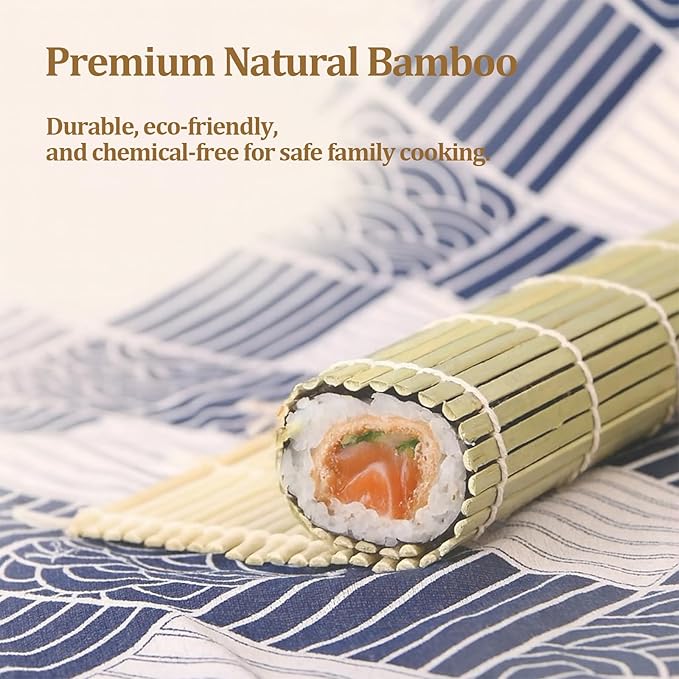 Sushi Making Kit, 6 PCS Beginner Sushi Maker Set, Including 2 Green Bamboo Rolling Mats, 2 Pairs Chopsticks, 1 Paddle,1 Spreader, Natural Bamboo Material, Ideal Gift for Kids, Friends, Home Chef