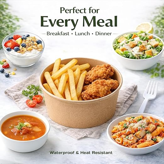 TOPtoper 43Oz 50Pcs Large Paper Bowls with Lids and Forks, Heavy Duty Disposable Meal Prep Containers for Hot/Cold Food, Soup, Disposable Bowls Bulk Soak-Proof for Party