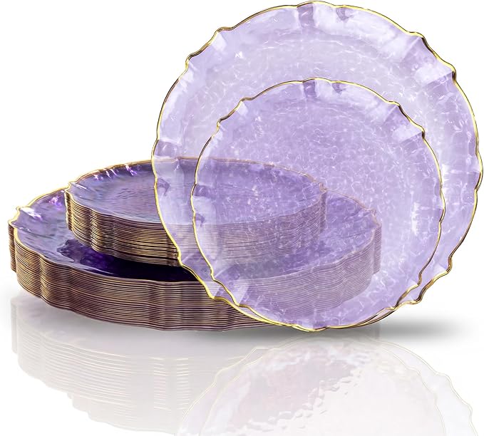 bUCLA 40PCS Clear Purple and Gold Plastic Plates - Fancy Lace-Edge Purple with Gold Trim Hammered Disposable - Include 20 Each (10inch Dinner & 7inch Dessert) Plates for Party & Wedding
