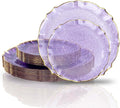 bUCLA 40PCS Clear Purple and Gold Plastic Plates - Fancy Lace-Edge Purple with Gold Trim Hammered Disposable - Include 20 Each (10inch Dinner & 7inch Dessert) Plates for Party & Wedding