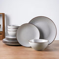 Famiware Venus Plates and Bowls Sets with Trim, 12 Pieces Speckled Stoneware Dishes Dinnerware Set for 4, Matte Light Gray - Microwave & Dishwasher Safe, Modern Minimalist, Everyday & Formal Dining