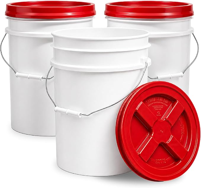 ePackageSupply 5 Gallon Bucket - Food Grade Bucket with Airtight Gamma Seal Screw-On Lid, BPA-Free, Heavy-Duty 90 Mil HDPE Plastic, Bulk Storage, Durable Container, Made in USA, White/Red, 3 Packs
