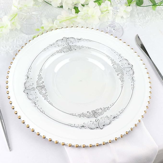 Efavormart 10 Pack | 10" Clear and Silver Baroque Dinner Plates, Leaf Embossed Metallic Rim Shatterproof Serving Plates for Anniversary Celebrations