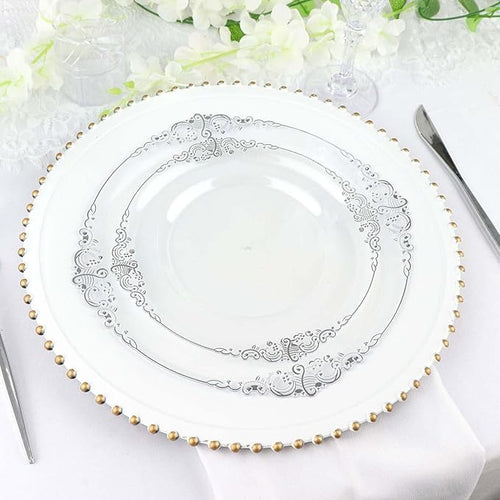 Efavormart 10 Pack | 10" Clear and Silver Baroque Dinner Plates, Leaf Embossed Metallic Rim Shatterproof Serving Plates for Anniversary Celebrations
