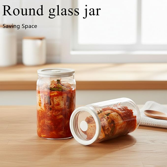 Pickle Jar, 2 Pack 1200ml/40.6 oz Kimchi Container, Airtight Clear Fermentation Canister, Wide Mouth Refrigerator Storage with Silicone Ring & Exhaust Valve for Radish, Onion, Sauerkraut
