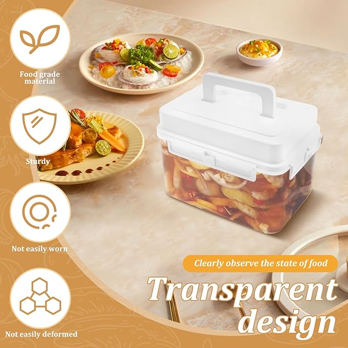Press Plate Leakproof Airtight Pickle Kimchi Container, Press Plastic Fermentation Container, 4L Food Storage Box w Hidden Handle, Portable Mason Jar, Clear Sauerkraut Press Container for Home Kitchen