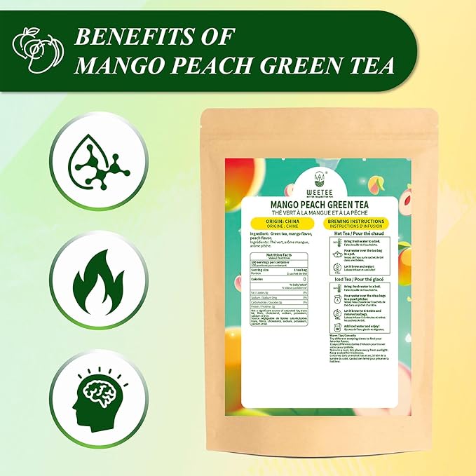 WT WEETEE Mango Peach Green Tea Bags 100 Count, Flavored Steam Green Tea, Natural Mango & Peach Flavoring, No Add Sweeter | Fruity & Refreshing Hot or Iced Tea