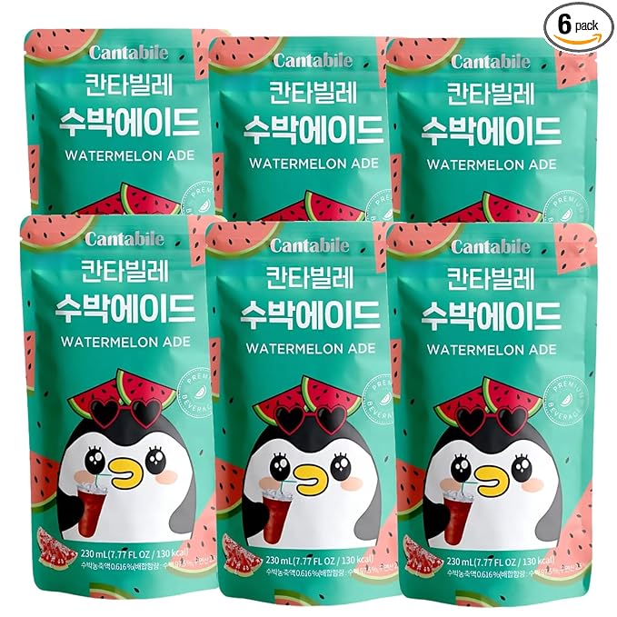 Cantabile Korean Convenience Store Pouch Drink Ready-to-Drink Refreshing Beverage Imported from Korea (6 Pack, Watermelon)