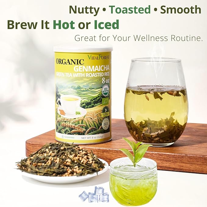 8oz Organic Genmaicha Green Tea with Roasted Rice, Genmaicha Tea Loose Leaf, Roasted Green Tea, Brown Rice Tea, Smooth Nutty Flavor