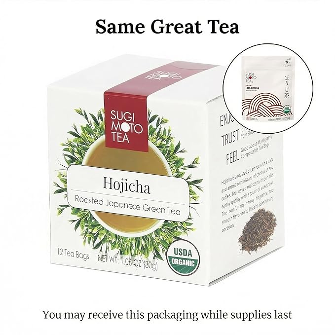 SUGIMOTO TEA Japanese Organic Hojicha Roasted Green Tea Bags 12 Count