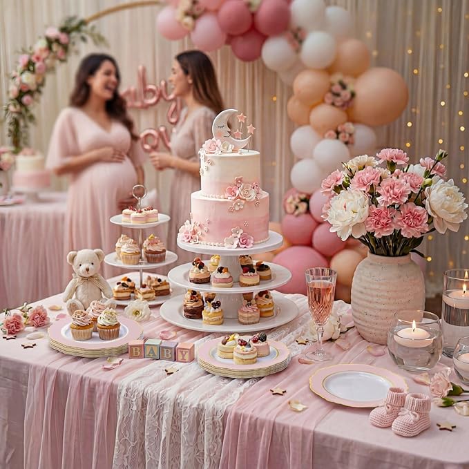 WDF 60pcs Pink Dessert Plates - 7.5inch Baroque Pink and White Disposable Dessert Cute Cake Plates for Upscale Parties &Wedding-Special for Baby Shower, Brithday, Tea Party