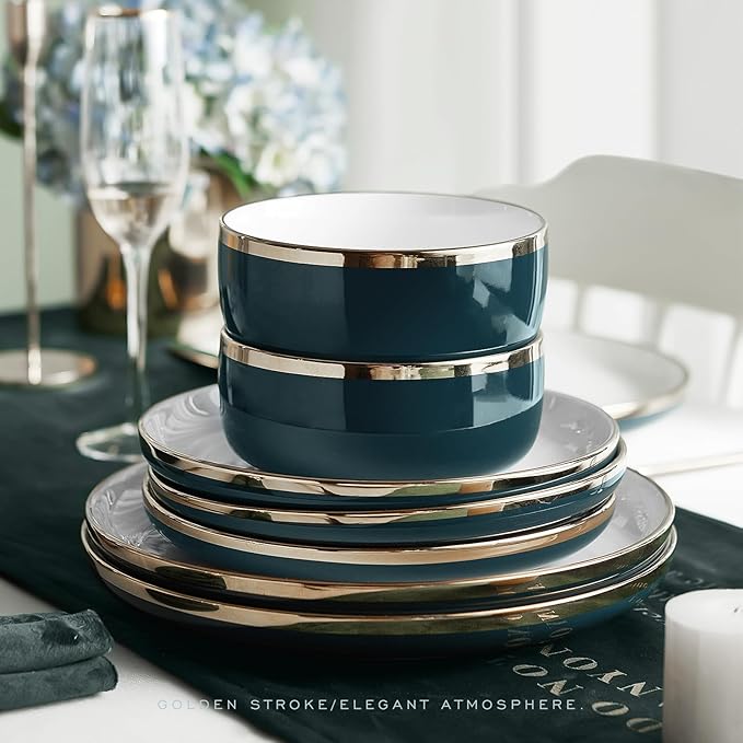 Pokini Porcelain Dinnerware Sets, 12 Piece Luxury China Plates and Bowls Sets, Green Dishes Set Gold Rim for Wedding Anniversary Birthday, Modern Dinner Plates Set