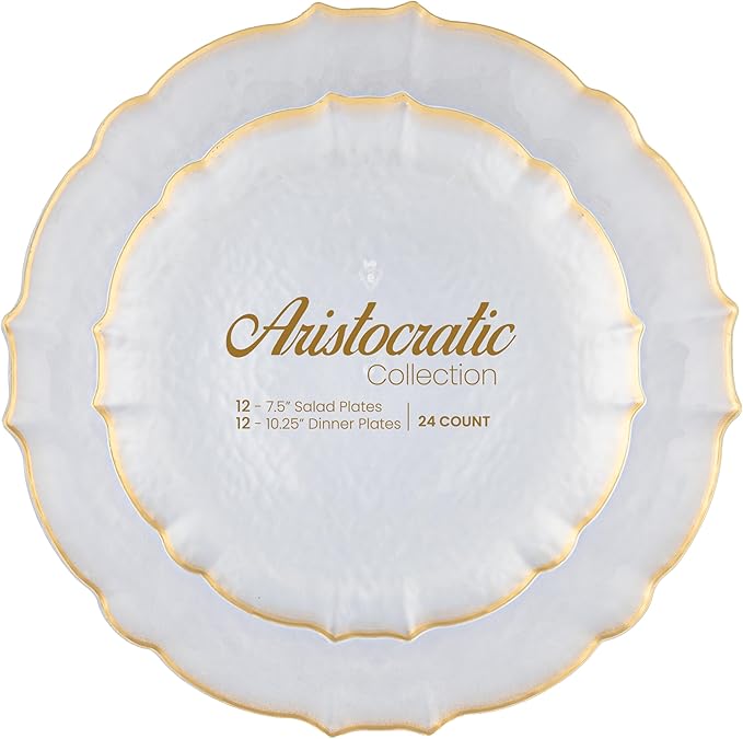 PLASTICPRO 24 Piece Clear WithGold Rim Aristocratic Combo Plastic Dinner Plates Disposable Plastic Fancy Heavy Duty Party Dishes 12, 7'' inch and 12, 10'' inch, Clear With Gold Rim
