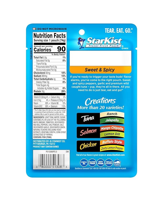 StarKist Tuna Creations Variety Pack, 3-Pack Trial (Hickory Smoked, Herb & Garlic, Sweet & Spicy), Ready-to-Eat Tuna Pouches, 13g–18g Protein, On-the-Go Snack or Meal