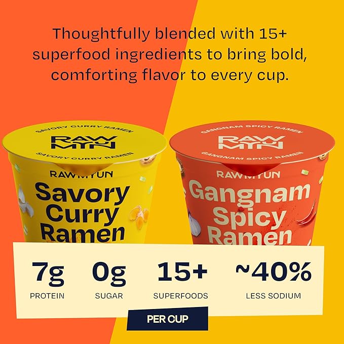 RAWMYUN Gluten Free Healthy Korean Ramen Vegan Superfood Clean Ingredients Plant-Based Cup Noodles made with Organic Rice Noodles Instant Soup | No MSG, Non-GMO, Real Ingredients (3 Gangnam Spicy x 3 Savory Curry)