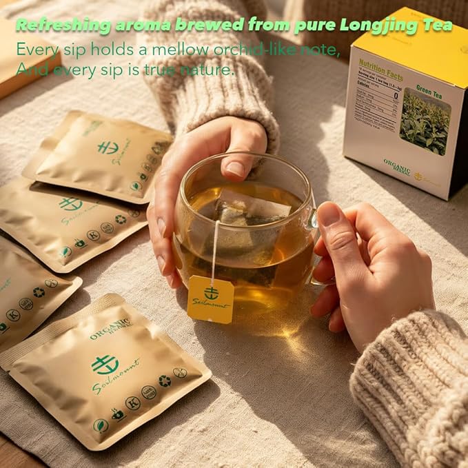 Soilmount Organic Longjing Tea - Chinese Green Tea - 18 Individually Wrapped Packets - Fresh Aroma, Balanced Sweetness, Suitable for Hot or Iced Tea