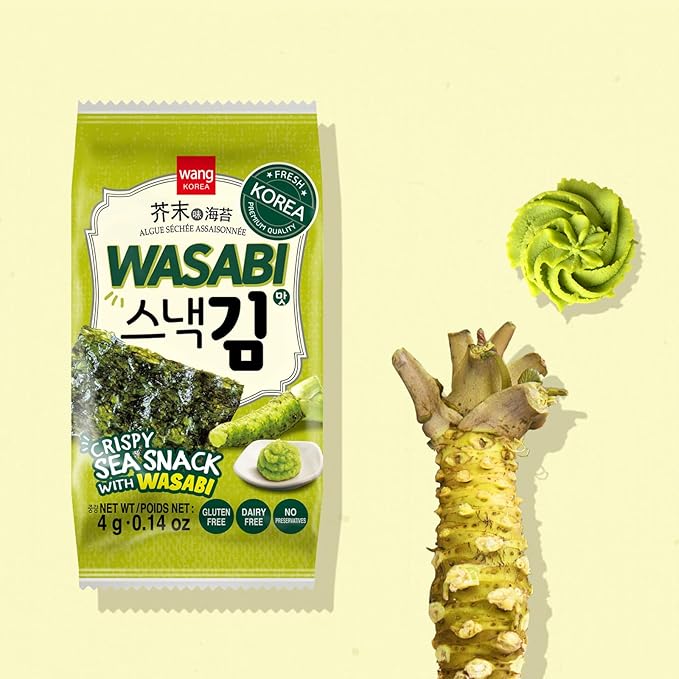Wang Korean Seaweed Snacks Wasabi Flavor - Crispy Roasted Seaweed Sheets, Healthy Sea Weed Snack, Keto Vegan Gluten-Free - Pack of 16