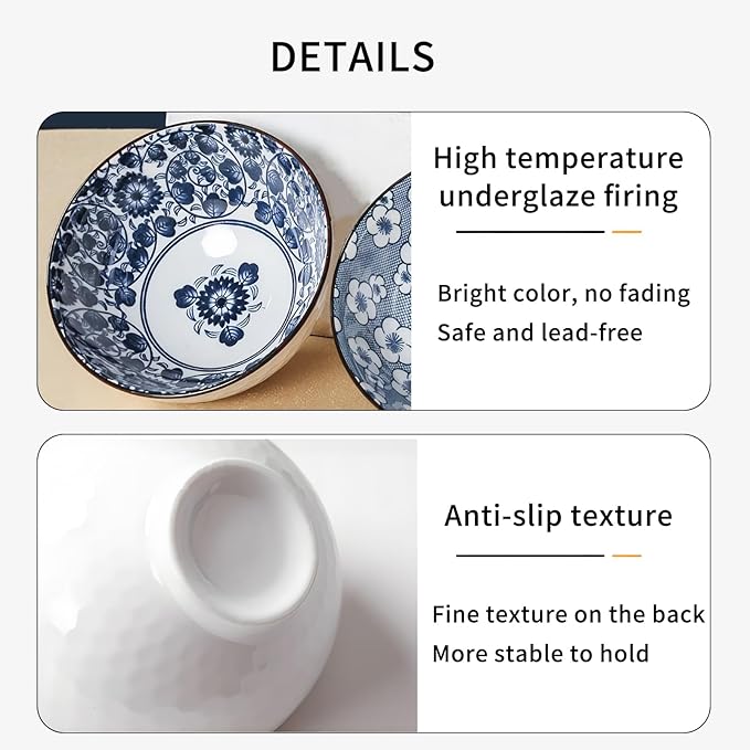Ceramic Plates and Bowls Set, Japanese Style Dinnerware Set with Gift Box - Blue and White - 4 Rice Bowls and 2 Pasta Bowls - Kitchen Gifts for Women (Blue and White)