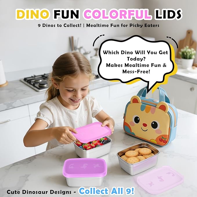 Tanjiae 3-Pack Stainless Steel Snack Containers for Kids & Toddlers - 550ml (18oz) Leakproof Colorful Lids with Cute Dinosaurs | LFGB Certified, Stackable Metal Lunch Box for Daycare, School, Travel