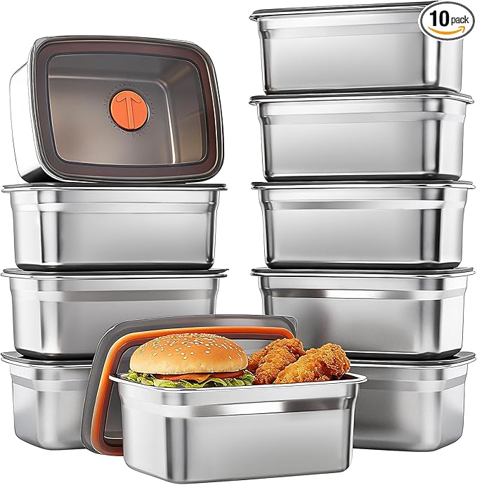 10 Pack Stainless Steel Food Storage Containers with Airtight Lids, 50 Oz Each - Stackable, Leakproof Kitchen/Freezer Meal Prep Containers (Dishwasher Safe)