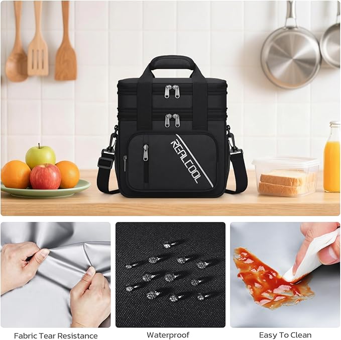 RealCool Lunch Bag, Insulated Lunch Box for Men Women, Double Deck Leakproof Soft Cooler Bag with Adjustable Strap, Reusable Lunchbox for Work, Travel, Camping (Black)
