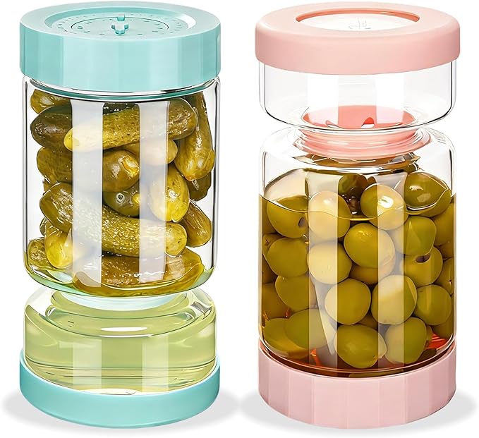 ZENS Pickle Jar with Strainer Flip, 37 oz Hourglass Pickle Juice Separator Container, Airtight Leakproof Lid, Dual Wet-Dry Design, Time Tracker Lid – 2 Pack Olive & Kimchi Jars
