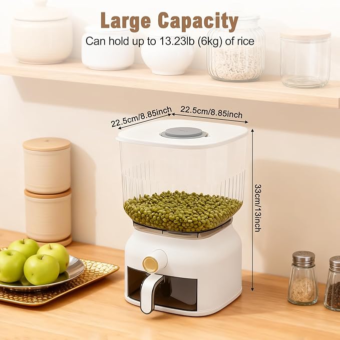 13.23 lbs Rice Dispenser - Large Sealed Grain Storage Container with Food Dispenser and Cup, for Rice Beans Grains Cereal and Dry Food Storage Kitchen Organizer