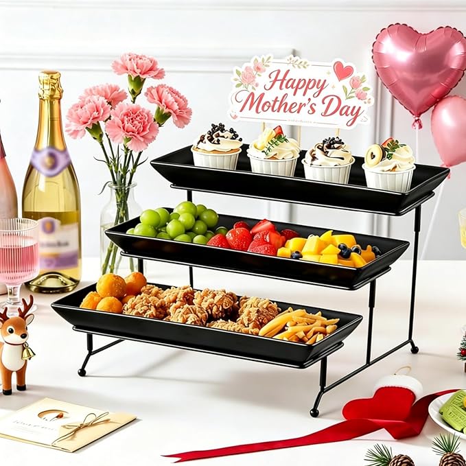 MALACASA 3 Tier Serving Trays for Party, Stoneware Serving Platters and Trays, 14 Inch Tiered Tray Stand, Fruit Tray, Trays for Serving Food, Black Dessert Stand with Collapsible Sturdier Metal Rack