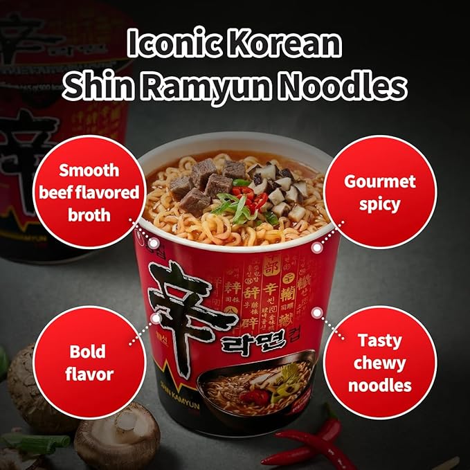 Nongshim Shin Ramyun Cup of Noodles, Spicy Signature Korean Instant Ramyun, Rich Beef Flavored Broth, Quick and Easy, Microwaveable Cup, 2.64 oz (Pack of 6)